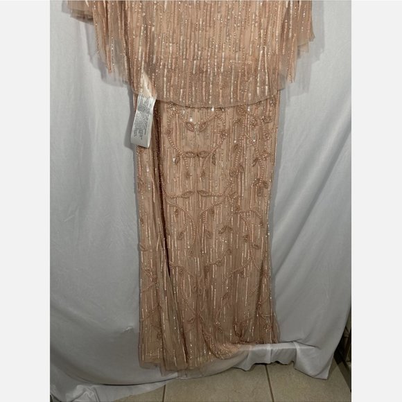 NWT $698 Mac Duggal [ 14 ] Embellished Cap Sleeve Cape Trumpet Gown‎ Blush - Picture 15 of 16